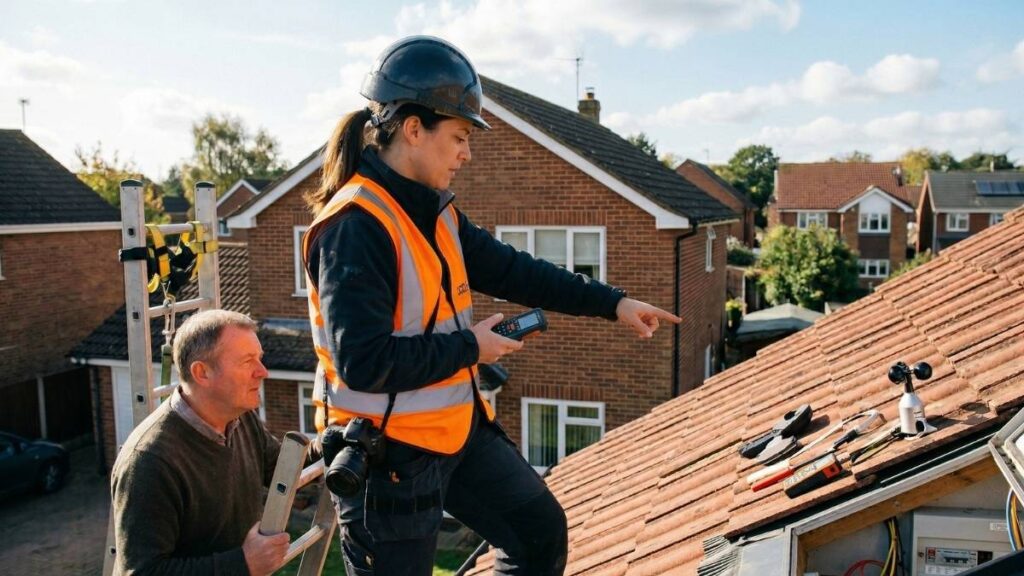 solar panel inspector with an orange vest and black helmet checking on a roof's set-up to see if it is fit for the SEAI grant | SEAI Solar Grant 2026: Your Step-by-Step Claiming Guide
